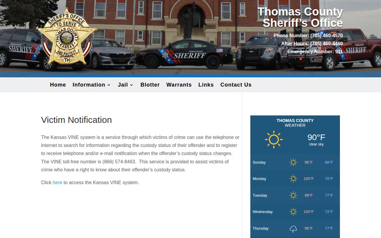 Thomas County Jail release notification directions for Sheridan County prisoners