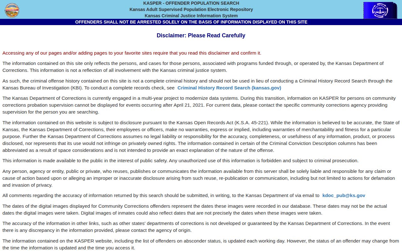 KASPER Kansas offender search entry and disclaimer