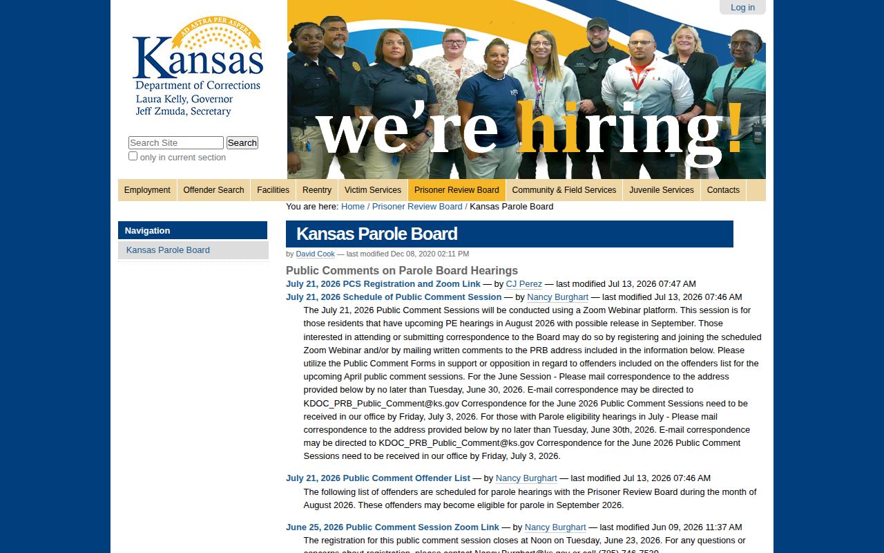 Kansas Prisoner Review Board hearing and public-comment schedule