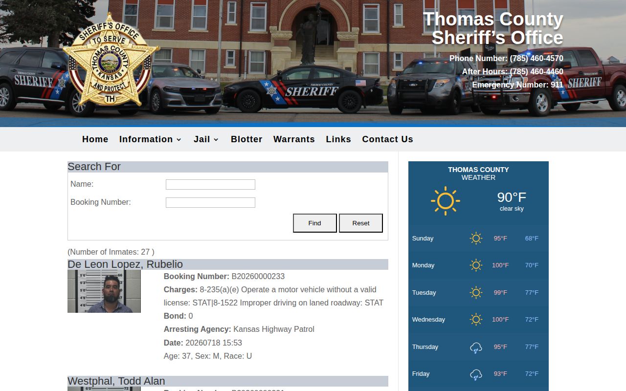 Thomas County Jail current-custody roster used for Sheridan County prisoners