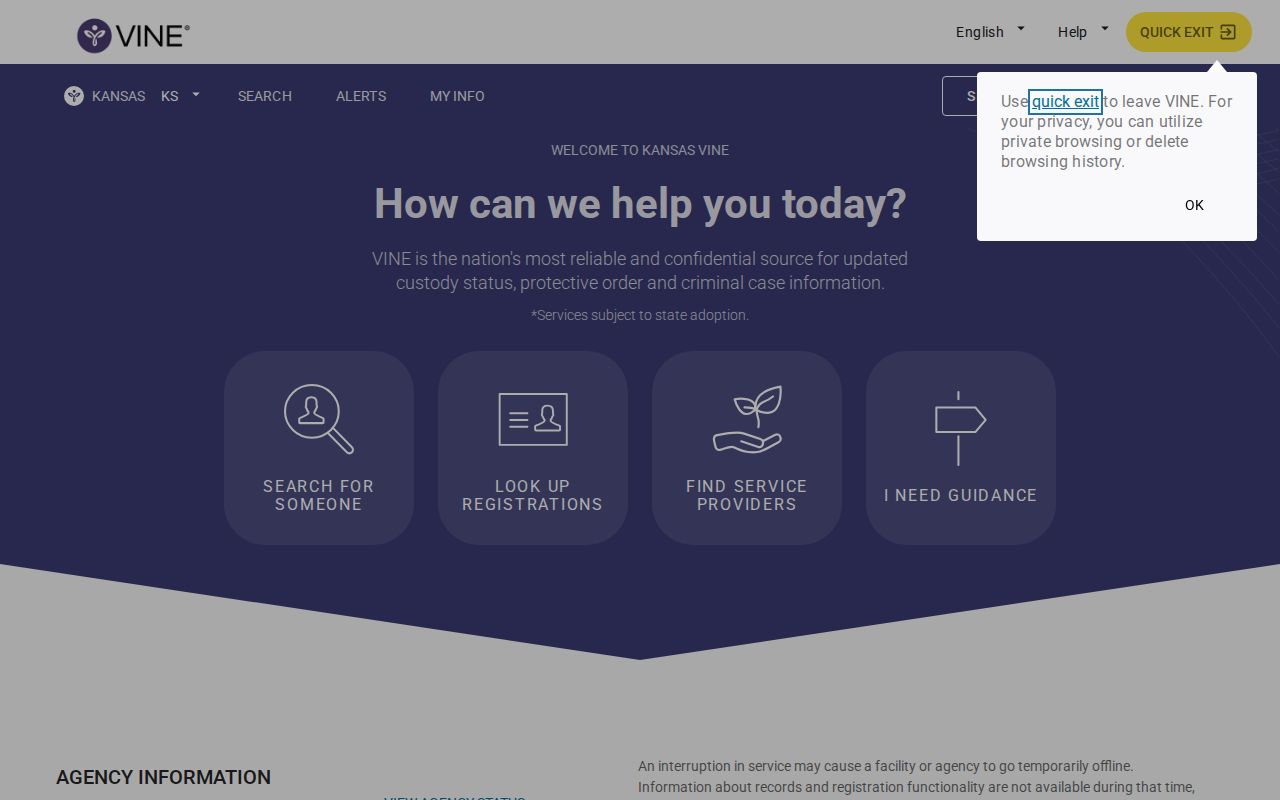 Kansas VINELink person search screen